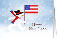 Patriotic New Year Card-Snowman Carrying American Flag in Snow Scene card
