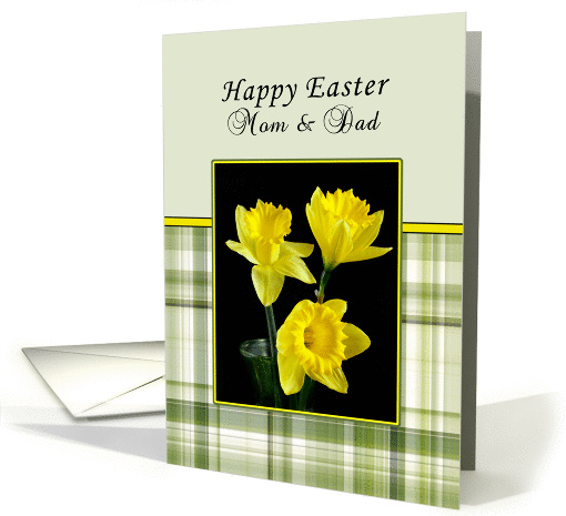 For Mom & Dad Easter Greeting Card-Green Plaid-Yellow Daffodils card