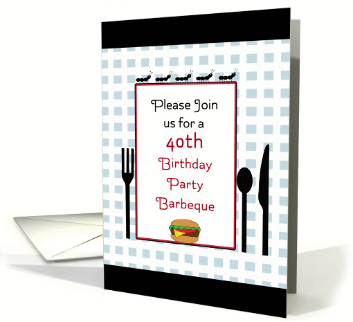 40th Birthday Party Barbeque Invitation-Hamburger-Ants-Fork-Knife card