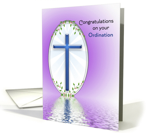 Ordination Greeting Card-Blue Cross Reflection-Purple Background card