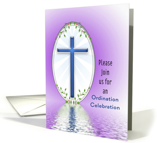 Ordination Invitation with Blue Cross Reflected in Purple Water card
