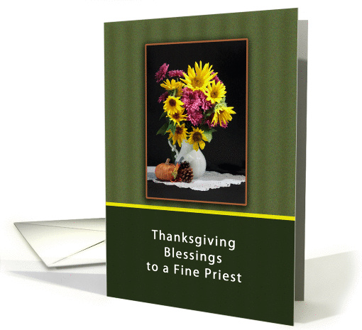Priest Thanksgiving Card with Sunflowers, Pumpkin, Acorn, Vase card