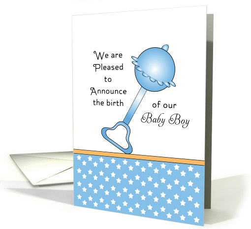 New Baby Boy Birth Announcement Greeting Card - Blue Rattle card
