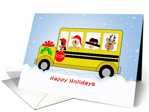 School Bus Christmas Card with Snowman-Bear-Snow Scene-Reindeer card
