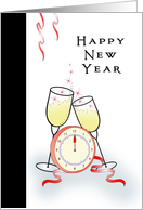 Business Happy New Year Greeting Card with Champagne Glasses-Clock card