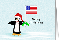 Patriotic Christmas Card with Penguin Holding an American Flag card