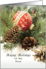 Boss Happy Holidays Christmas Card with Red Vintage Ornament card