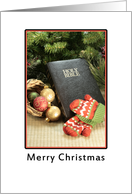 Religious Merry Christmas Greeting Card with Bible-Ornaments-Mittens card