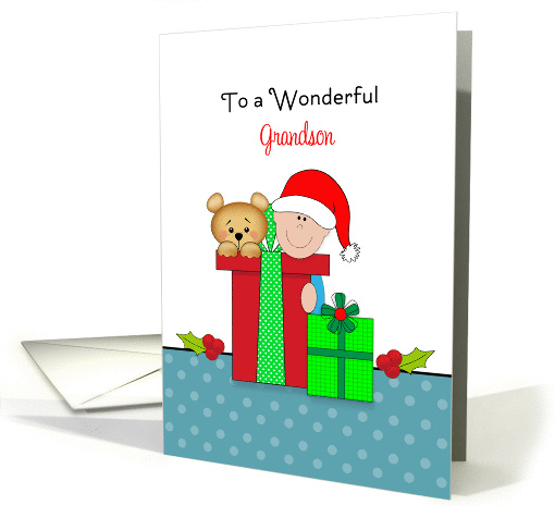 For Grandson Christmas Card-Bear-Baby-Santa Hat-Christmas... (706246)