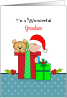 For Grandson Christmas Card-Bear-Baby-Santa Hat-Christmas Presents card