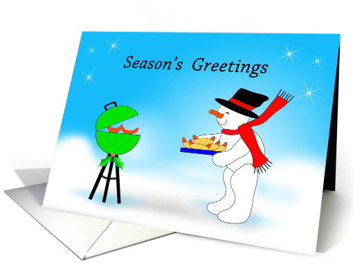 Barbeque Christmas Greeting Card-Snowman Grilling Hot Dogs card