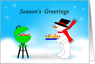 Barbeque Christmas Greeting Card-Snowman Grilling Hot Dogs card