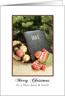 Aunt and Uncle Merry Christmas, Bible, Ornaments, Mittens card