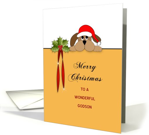Godson Merry Christmas Card with Dog and Holly card (722259)
