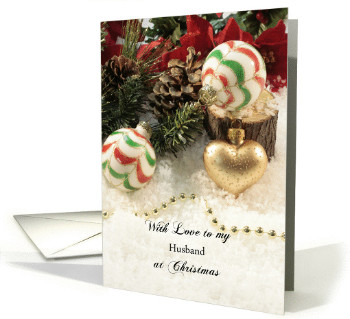 For Husband Christmas Card-Gold Heart Ornament, Merry Christmas card