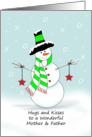 Mother & Father Hugs and Kisses Christmas Card, Snowman, Stars, Mom Dad card