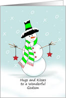 Godson Hugs and Kisses Christmas Card, Snowman, Stars, God Son card