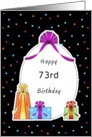 73rd Birthday Paper Greeting Card, Retro Presents and Bows card