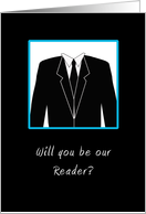 Will You Be Our Reader Greeting Card-Bridal Party-Black Suit-Black Tie card