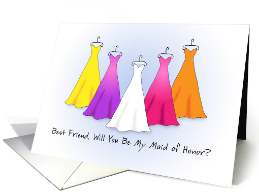 Best Friend Be My Maid of  Honor Invitation, Rainbow Dresses card