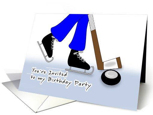 Hockey Themed Birthday Party Invitations - Hockey Stick and Puck card