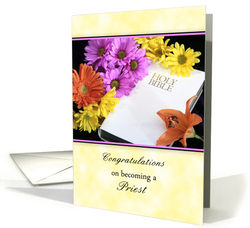 for Priest Ordination Greeting Card with White Bible and Flowers card