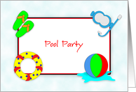 Pool Party Invitations with Flip Flops, Ball, Inner Tube and Snorkel card