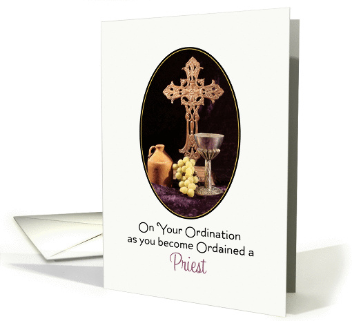 For Priest Ordination Greeting Card-Cross, Jug, Chalice & Grapes card