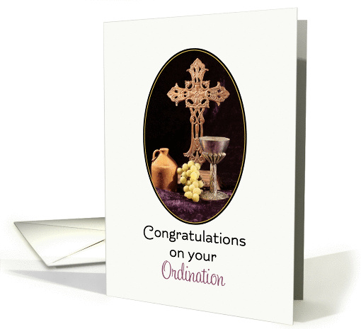 General Ordination Greeting Card with Cross-Jug-Chalice & Grapes card