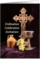 Ordination Party Invitation Greeting Card with Cross-Jug-Chalice-Grape card