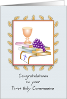 First Holy Communion Greeting Card with Chalice-Grapes-Books-Cross card