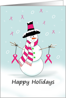 Breast Cancer Christmas Card-Snowman-Ribbon-Happy Holidays card