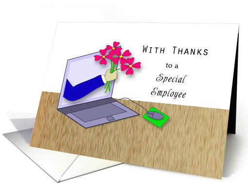 Employee Thank You Greeting Card with Arm, Flowers and Laptop card