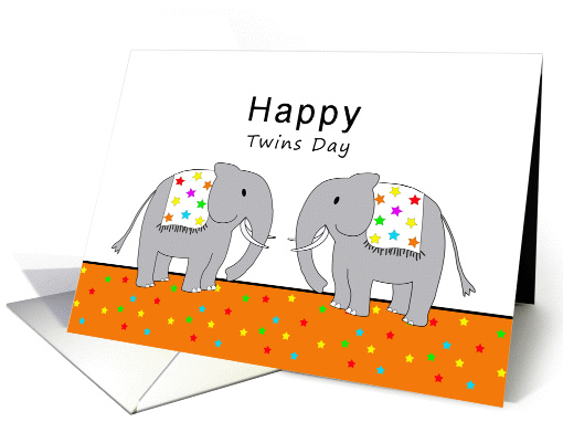 Happy Twins Day Greeting Card with Two Circus Elephants & Stars card