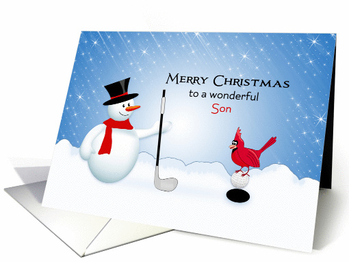For Son Golf Christmas Card-Red Cardinal-Snow Scene-Golf Club card