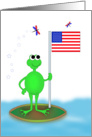Patriotic Frog on Lily Pad Greeting Card with American Flag card