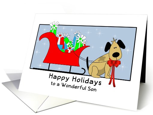 Son Christmas Card with Dog, Sleigh and Presents card (830640)