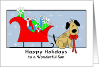 Son Christmas Card with Dog, Sleigh and Presents card