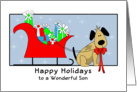 Son Christmas Card with Dog, Sleigh and Presents card
