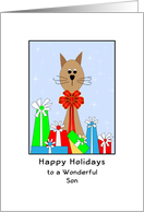 For Son Christmas Greeting Card-Brown Cat-Christmas Presents card