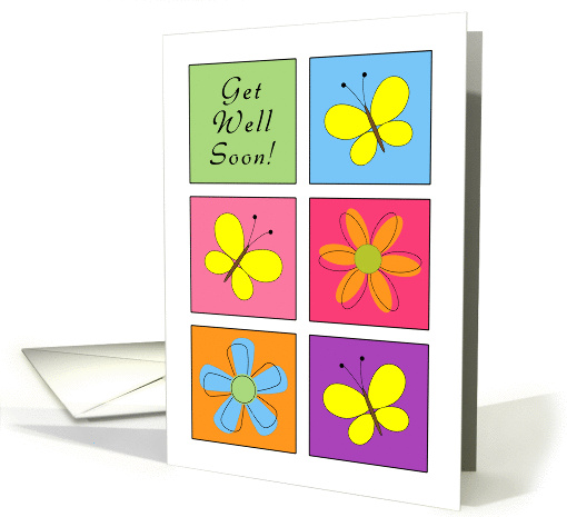 Get Well Soon Greeting Card-Butterflies and Flowers on Squares card
