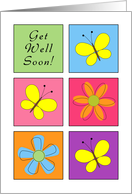 Get Well Soon Greeting Card-Butterflies and Flowers on Squares card