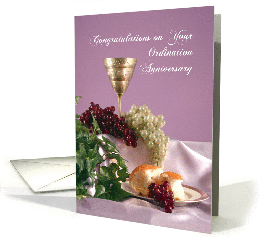 Ordination Anniversary Greeting Card-Grapes-Chalice-Bread-Ivy card