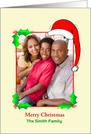 Customizable Christmas Photo Card with Santa Hat and Holly card