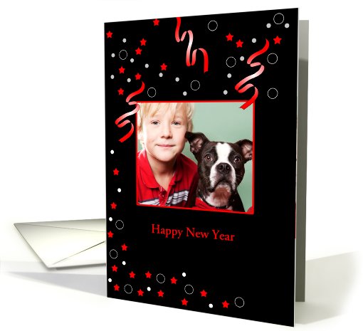 Customizable New Year's Photo Card with Streamers and Stars card