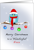 Niece Christmas Card with Blue Bird, Red Hat, Scarf, Boots card