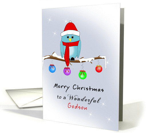 Godson Christmas Card with Blue Bird, Red Hat, Scarf, Boots card