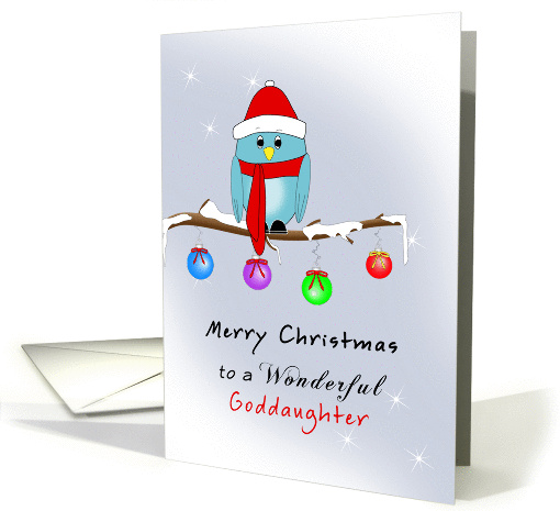Goddaughter Christmas Card with Blue Bird, Red Hat, Scarf, Boots card
