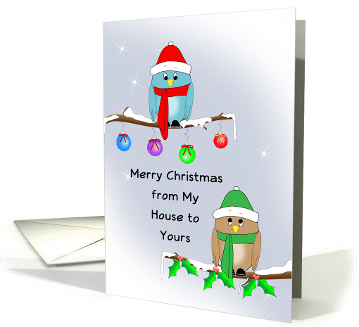 Christmas Card My House To Yours Blue Bird, Red Hat, Scarf, Boots card