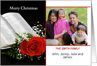 Religious Christmas Photo Card with Bible and Red Rose-Customizable card